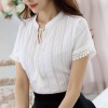 2018 Summer 100% Cotton Shirts Women Blouse Shirts V Neck Short Sleeve Fashion Lacing Blue White Pink Tops Female Clothing