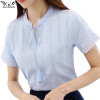 2018 Summer 100% Cotton Shirts Women Blouse Shirts V Neck Short Sleeve Fashion Lacing Blue White Pink Tops Female Clothing