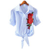 2018 Striped Short Sleeve Summer T-shirt Women Print Pinstripe Embroidery Floral Turn Down Collar Female T Shirt Casual Tops #08