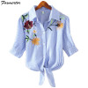 2018 Striped Short Sleeve Summer T-shirt Women Print Pinstripe Embroidery Floral Turn Down Collar Female T Shirt Casual Tops #08
