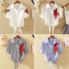 2018 Striped Short Sleeve Summer T-shirt Women Print Pinstripe Embroidery Floral Turn Down Collar Female T Shirt Casual Tops #08