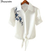 2018 Striped Short Sleeve Summer T-shirt Women Print Pinstripe Embroidery Floral Turn Down Collar Female T Shirt Casual Tops #08