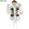 2018 Striped Short Sleeve Summer T-shirt Women Print Pinstripe Embroidery Floral Turn Down Collar Female T Shirt Casual Tops #08