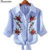 2018 Striped Short Sleeve Summer T-shirt Women Print Pinstripe Embroidery Floral Turn Down Collar Female T Shirt Casual Tops #08