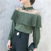 2018 spring women mesh Strapless turn collar blouse femme cold shoulder long sleeve chiffon shirt ladies ruffles tops clothing