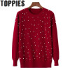 2018 Spring Women Long Sleeves Sweater Pearl Beading O-neck Knitted Jumper Pearl Pullovers Red Black Pink Beige Gray