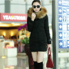 New 2014 high quality warm women winter jacket fur hood solid color coat fashion long slim wadded thick parka female