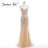 2018 Luxury Nude Gold Diamond Floral Long Evening Dress Spaghetti Straps Pattern Formal Dresses Gown Real Picture BLA6002