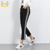 2018 LEIJIJEANS Autumn Plus Size Mid Waist Ankle Length Black And White Side Stripe Panelled Casual Women Skinny Straight Jeans