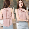 2018 Japanese Summer Fashion Beading Chiffon Blouses Solid Sleeveless Women Shirt New Arrival Feminina Lace Up Bow Blusa 64426