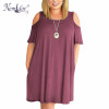 Nemidor Women Casual O-neck Off The Shoulder Midi Plus Size Summer Dress Short Sleeve Beach Vintage Solid Dress With Pockets