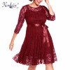 Nemidor Autumn Women Elegant 3/4 Sleeve Retro Embroidery A-line Lace Dress O-neck Plus Size Belted Party Midi Swing Dress