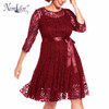 Nemidor Autumn Women Elegant 3/4 Sleeve Retro Embroidery A-line Lace Dress O-neck Plus Size Belted Party Midi Swing Dress