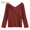Simshion Women Green Vintage Faux Fur Shirts Autumn Plain Long Sleeves Spliced Blouses Tops Female Casual V-neck Shirt 2017