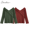 Simshion Women Green Vintage Faux Fur Shirts Autumn Plain Long Sleeves Spliced Blouses Tops Female Casual V-neck Shirt 2017