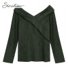 Simshion Women Green Vintage Faux Fur Shirts Autumn Plain Long Sleeves Spliced Blouses Tops Female Casual V-neck Shirt 2017