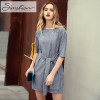 Simshion 2017 Women Casual Striped Dress Summer Short Sleeve Sashes Style Dresses For Female O-neck Straight Mini Party Vestidos