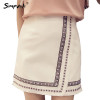 SIMPVALE Retro Women Embroidery Tassel Mini Skirts Female High Waist A-line Short Skirt Solid Color Patchwork Skirt Above Knee
