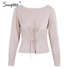 Simplee Waistband lace up knitted sweater women jersey Round neck casual knitting jumper Winter sweater pullover female 2017