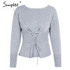 Simplee Waistband lace up knitted sweater women jersey Round neck casual knitting jumper Winter sweater pullover female 2017