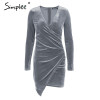 Simplee Velvet soft deep v neck bodycon dress Vintage autumn winter sexy dress women long sleeve Christmas party dress vestidos