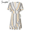 Simplee V neck stripe ruffle summer dress women Wrap style cotton short dress 2018 Streetwear casual dress female vestidos