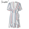 Simplee V neck stripe ruffle summer dress women Wrap style cotton short dress 2018 Streetwear casual dress female vestidos