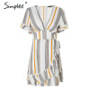 Simplee V neck stripe ruffle summer dress women Wrap style cotton short dress 2018 Streetwear casual dress female vestidos