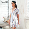 Simplee V neck stripe ruffle summer dress women Wrap style cotton short dress 2018 Streetwear casual dress female vestidos