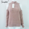Simplee turtleneck off shoulder knitted sweater women Autumn fashion tricot pullover jumpers Winter sexy oversized sweater