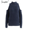 Simplee Turtleneck off shoulder knitted pullovers Sexy tricot cut sleeve sweater women Winter casual oversized jumper