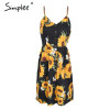 Simplee Strap v neck summer dress women Sunflower print backless casual dress vestidos Smocking high waist midi dress female
