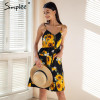 Simplee Strap v neck summer dress women Sunflower print backless casual dress vestidos Smocking high waist midi dress female