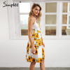 Simplee Strap v neck summer dress women Sunflower print backless casual dress vestidos Smocking high waist midi dress female