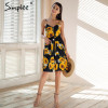 Simplee Strap v neck summer dress women Sunflower print backless casual dress vestidos Smocking high waist midi dress female