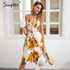 Simplee Strap v neck summer dress women Sunflower print backless casual dress vestidos Smocking high waist midi dress female