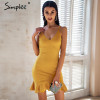 Simplee Sexy v neck ruffle strap mini dress women Skinny black mermaid dress 2018 Summer dress bodycon party vestido