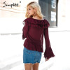 Simplee Sexy ruffle chiffon blouse shirt Autumn flare sleeve deep v neck women blouses 2017 Casual transparent streetwear blouse