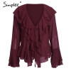 Simplee Sexy ruffle chiffon blouse shirt Autumn flare sleeve deep v neck women blouses 2017 Casual transparent streetwear blouse