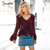 Simplee Sexy ruffle chiffon blouse shirt Autumn flare sleeve deep v neck women blouses 2017 Casual transparent streetwear blouse