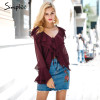 Simplee Sexy ruffle chiffon blouse shirt Autumn flare sleeve deep v neck women blouses 2017 Casual transparent streetwear blouse