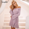 Simplee Sexy off shoulder knitting sweater dress women Elegant ruffle sash short dress Casual long sleeve autumn winter dress