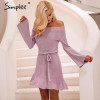 Simplee Sexy off shoulder knitting sweater dress women Elegant ruffle sash short dress Casual long sleeve autumn winter dress