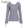 Simplee Sexy lace up knitting pullover Fashion flare sleeve autumn winter sweater women tops Casual hollow out jumper pull femme