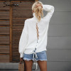Simplee Sexy lace up knitted turtleneck sweater Women hollow out white long sleeve pullover Autumn winter soft jumper 2017