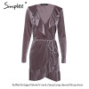 Simplee Ruffle vintage velvet dress women V neck short sexy dress Autumn winter long sleeve blue wrap dress vestido de festa