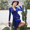 Simplee Ruffle vintage velvet dress women V neck short sexy dress Autumn winter long sleeve blue wrap dress vestido de festa