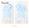 Kaywide 2017 Ruffles Off Shoulder Women Blouse Shirts Blue Pink Striped Irregular Sexy Tops Clothing Ladies Casual Summer Blusas