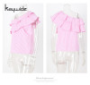 Kaywide 2017 Ruffles Off Shoulder Women Blouse Shirts Blue Pink Striped Irregular Sexy Tops Clothing Ladies Casual Summer Blusas