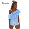 Kaywide 2017 Ruffles Off Shoulder Women Blouse Shirts Blue Pink Striped Irregular Sexy Tops Clothing Ladies Casual Summer Blusas